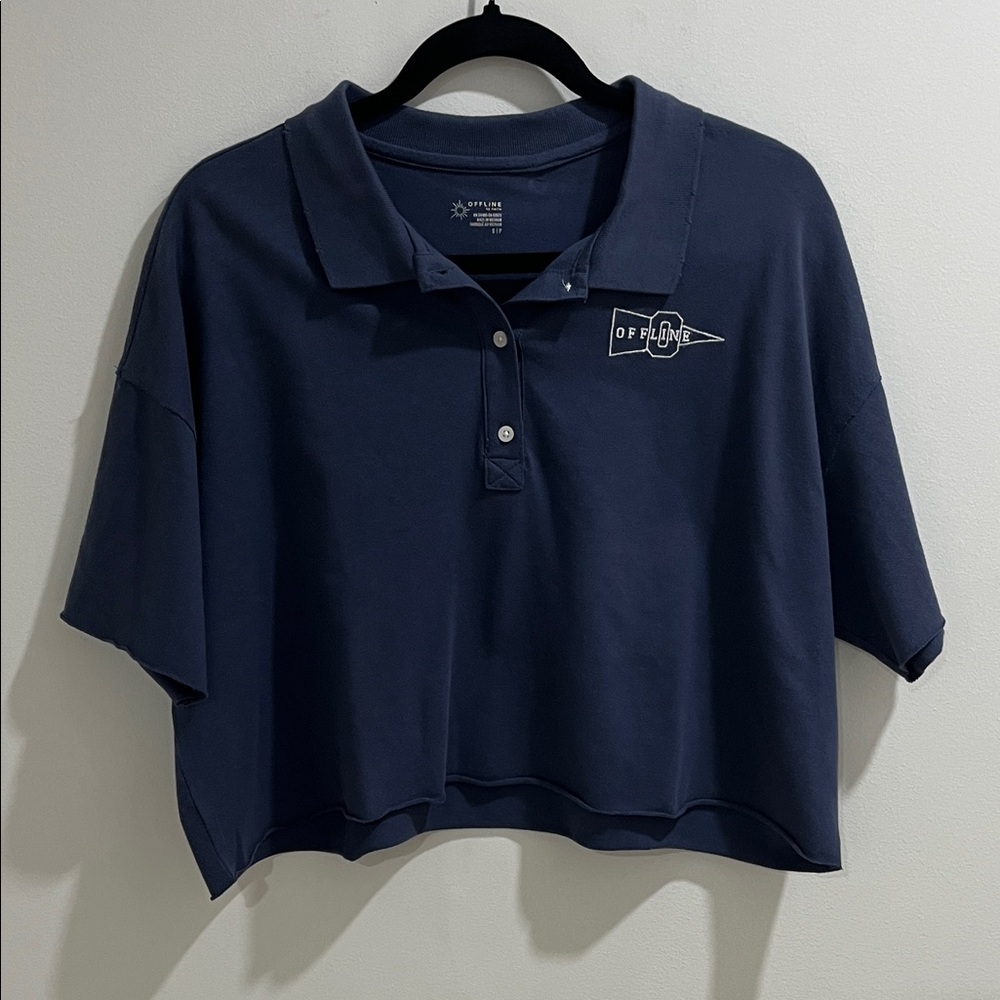 NWOT Aerie Offline Women’s Top Small Cropped Polo Tee Distressed Navy Blue Rugby
